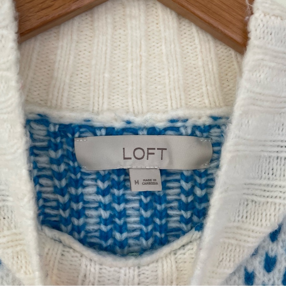 LOFT Whisper White Fair Isle Wide Sleeve Mock Neck Sweater M Medium Pink Blue - Picture 7 of 8